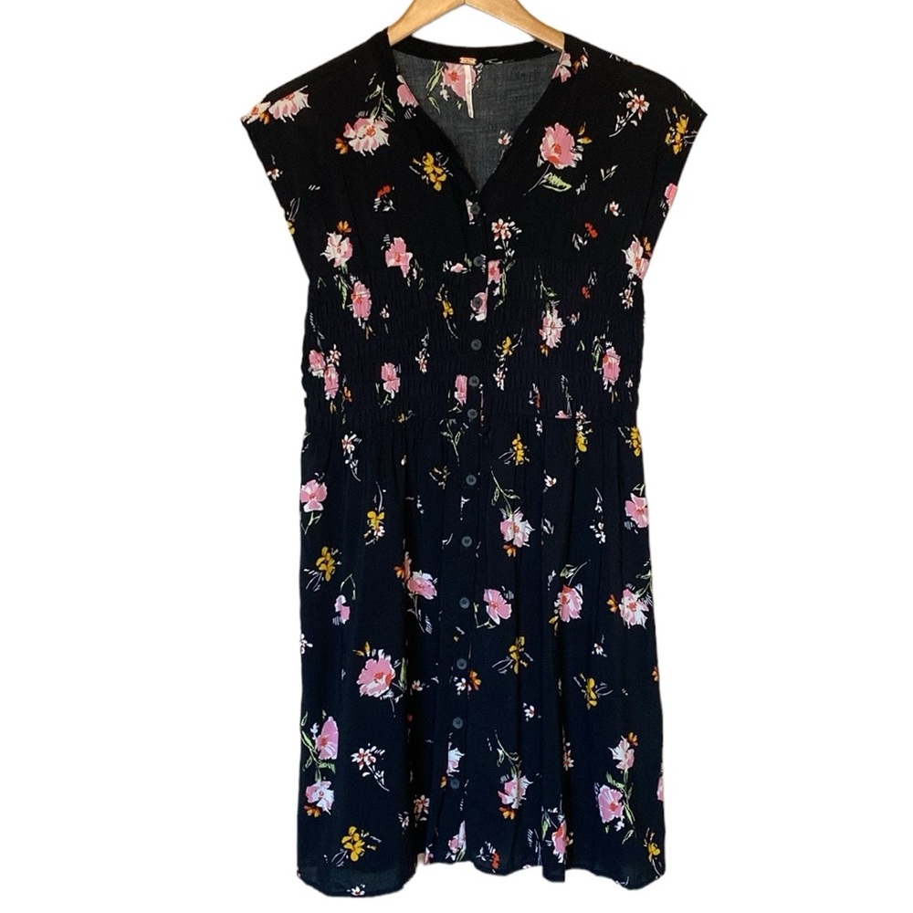 Free People Greatest Day Printed Floral Black Mini Dress S